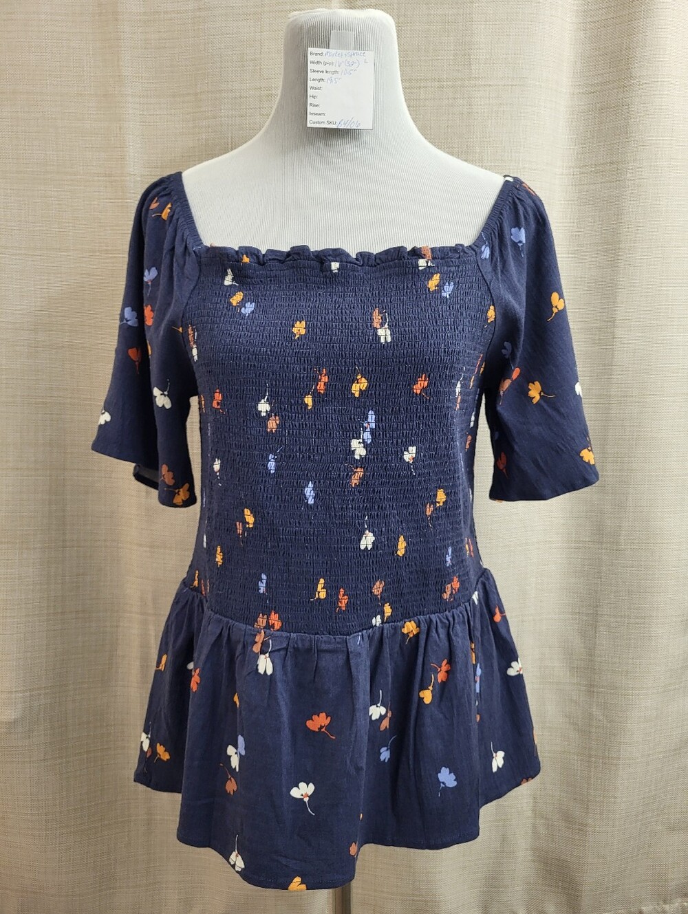 Market & Spruce Avira Smocked Peplum Top Navy Floral Short Sleeve Size Lg NWT